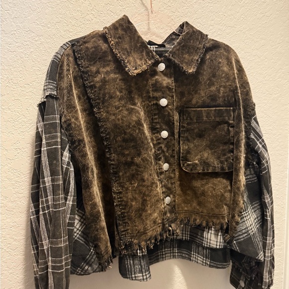 Miss Me Pieced Plaid Washed Corduroy Jacket  Medium - Picture 2 of 7